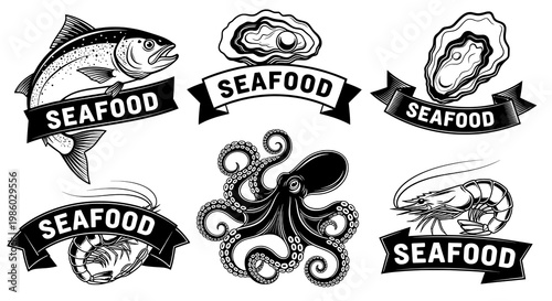 Black and White Vector Illustrations of Diverse Seafood with Decorative Banners