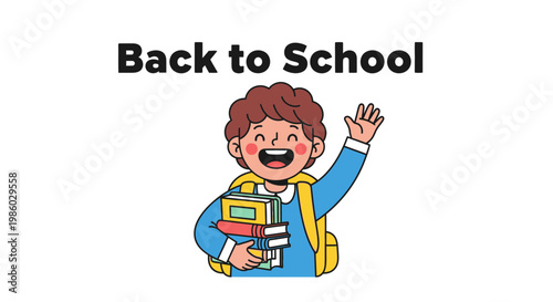 Back to school vector illustration, happy schoolboy with backpack and books, cheerful student waving hand, educational banner with cartoon boy