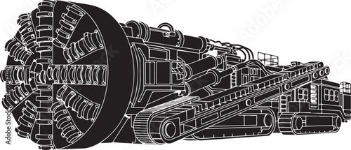 Industrial tunnel boring machine, heavy construction equipment, mechanical engineering, vector illustration