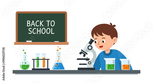 Back to school science education vector, young boy student using microscope in laboratory, classroom chalkboard and chemistry glassware