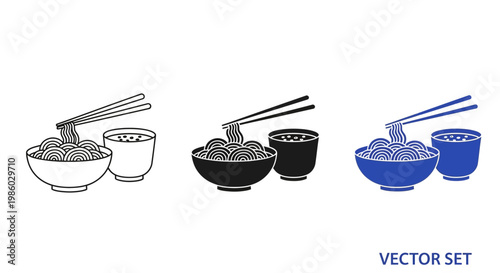Minimalist ramen bowl icon set, Japanese noodle soup with chopsticks and tea cup vector, black and blue flat line art food illustrations