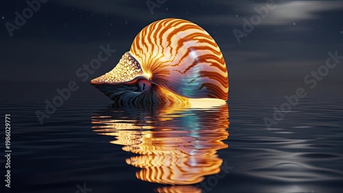 Nautilus shell floating on water surface with reflection at twilight