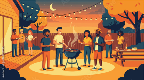 Backyard barbecue party with friends enjoying grilled food and warm evening lights outdoor gathering illustration