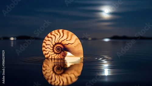 Nautilus shell floats serene in water under the moonlit night sky