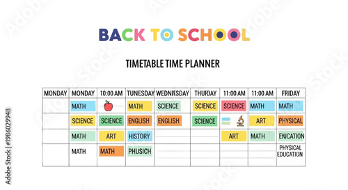 Back to school timetable time planner, colorful weekly class schedule vector, educational lesson organizer with subject labels and icons