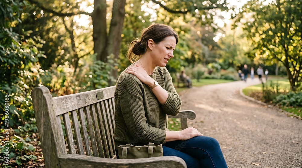 Obraz premium Shoulder Pain Relief in a Serene Park Setting