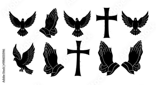 Christian Religious Symbols: Praying Hands, Doves, and Crosses Silhouettes Vector Set