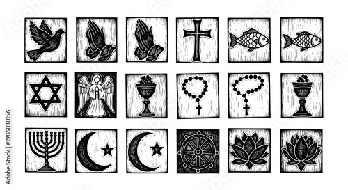 Diverse Religious and Spiritual Symbols Collection in Vintage Woodcut Style Illustration