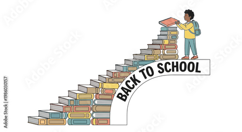 Back to school vector illustration, student climbing stairs made of books, education concept with boy and textbook staircase, academic success