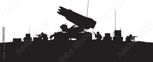 Military radar system, army defense silhouette, black vector icon, warfare technology