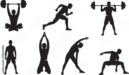 Fitness, exercise, workout, silhouette icons, 7 black vector graphics, athletic poses