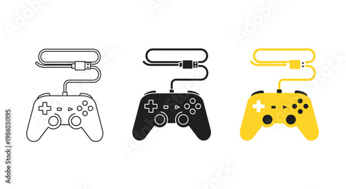 Minimalist gaming controller icon set, wired video game gamepad vector collection, black and yellow gaming hardware illustrations for esports