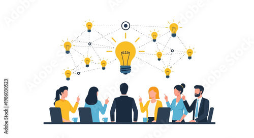 Business brainstorming session vector illustration, creative team meeting with lightbulb idea icons, professional collaboration and innovation concept
