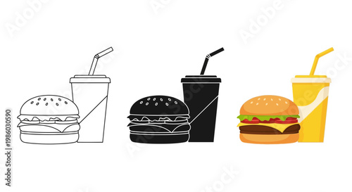 Fast food icons set vector illustration of hamburger burger pizza hotdog snack drinks