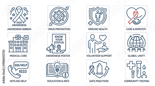 Collection of 12 outline icons related to HIV/AIDS awareness, prevention, and support services.