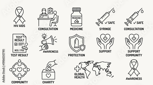 A collection of line art icons representing various aspects of health, medical care, and community support, including HIV/AIDS awareness, consultations, medicine, and global health initiatives.