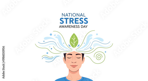 A serene person is depicted for National Stress Awareness Day in a vector illustration with a leaf sprouting from their head, symbolizing mental wellbeing and stress relief against a clean