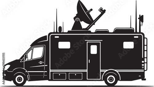 Black motorhome, recreational vehicle, RV, camper van, silhouette, vector illustration