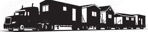 Modular home, mobile home, house on wheels, truck transport, vector silhouette