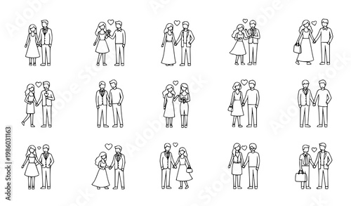 Romantic couples line art vector set love relationship poses outline