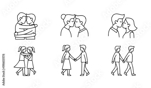 Love couple icons vector line set romantic poses black white design