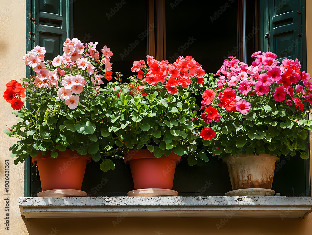 Fototapeta premium Bright geraniums and petunias growing in clay pots on a sunny balcony railing
