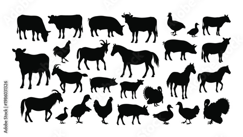 A collection of black silhouettes depicting various farm animals including cows horses pigs and poultry