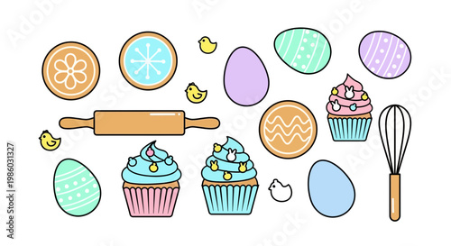 A cute set of Easter eggs with flowers and sweet dessert elements in a colorful design