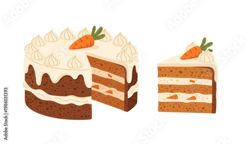 Carrot cake cartoon vector set whole cake slice bakery illustration