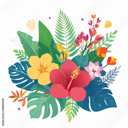 Lebendige tropische Blumen, einzeln freigestellt auf weißem Hintergrund,