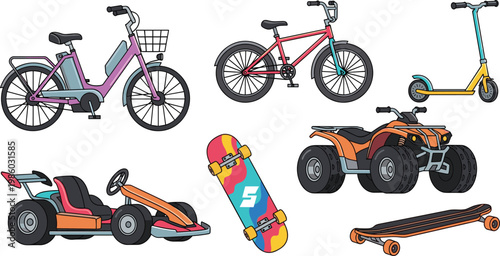 Sport and Recreation Vehicle Icon Set with Electric Bike, BMX Bicycle, Scooter, Go Kart, Skateboard, ATV, and Longboard Elements for Active Lifestyle and Adventure Designs