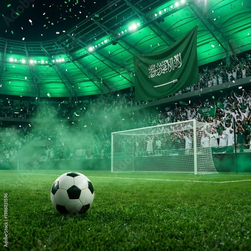 Saudi Arabian soccer stadium with green lighting and confetti celebrating a goal