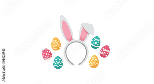Easter bunny ears headband with colorful painted eggs, cute spring holiday vector illustration, festive pastel egg hunt graphic elements