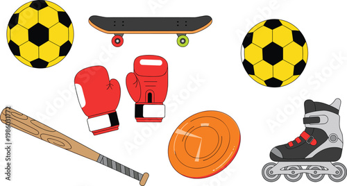 Sports and Recreation Equipment Icon Set with Soccer Ball, Skateboard, Boxing Gloves, Baseball Bat, Frisbee, and Roller Skate Elements for Active Lifestyle and Athletic Designs