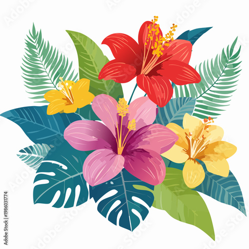 Lebendige tropische Blumen, einzeln freigestellt auf weißem Hintergrund,