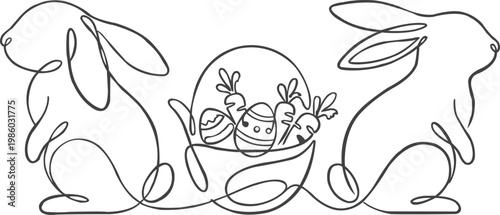 One line art illustration of cute bunnies facing opposite sides with carrots and eggs in the center, continuous line style