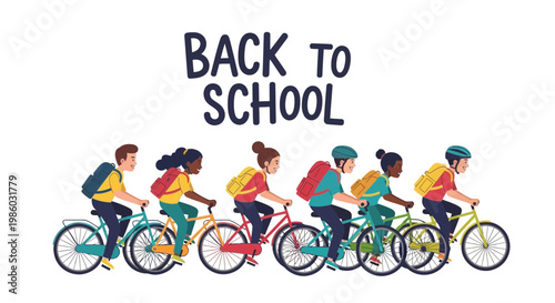 Back to school vector illustration, diverse group of students riding bicycles with backpacks, children cycling to class, flat educational banner