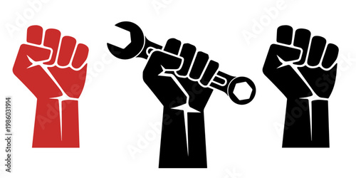 Silhouette set of hands holding tools including hammer wrench and mallet raised fists symbolizing protest power unity resistance and solidarity