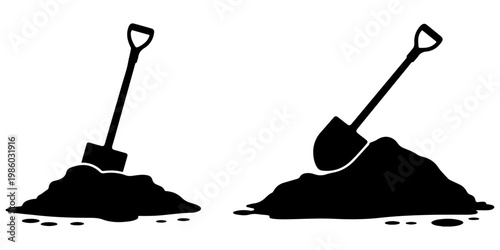 Shovel digging into soil icon set simple black silhouette garden tool and pile of dirt