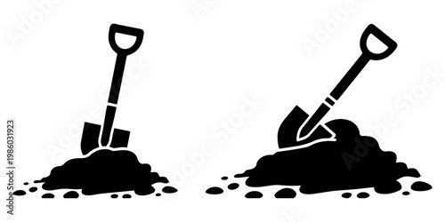 Shovel digging into soil icon set simple black silhouette garden tool and pile of dirt