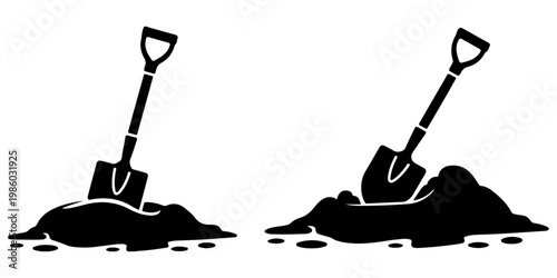 Shovel digging into soil icon set simple black silhouette garden tool and pile of dirt