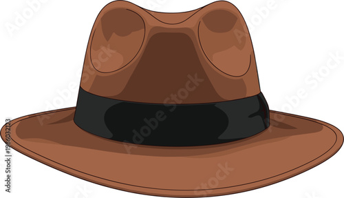 Classic Brown Fedora Hat Vector Illustration Featuring a Wide Brim and Black Ribbon Band for Men's Fashion Headwear Accessories and Vintage Style Graphic Design.