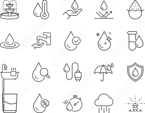 A collection of black and white icons representing water
