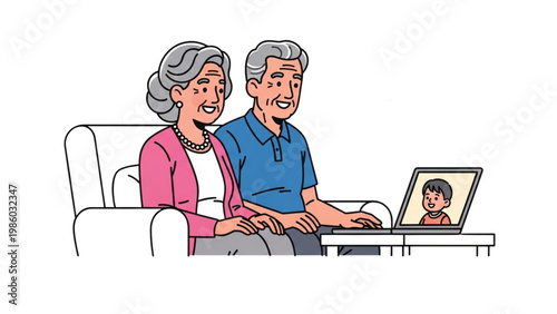 senior couple video calling family on laptop elderly communication lifestyle illustration
