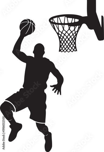 Basketball player silhouette, dunking, sports icon, black, white background