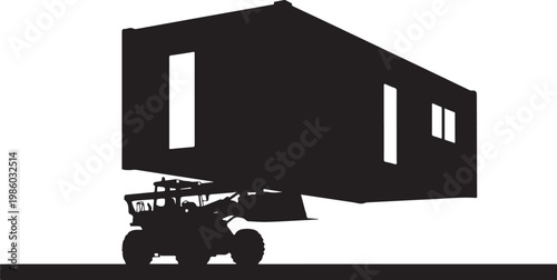 Black silhouette, house moving, truck transporting, building relocation, heavy lifting