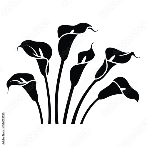 Quadro su tela Black silhouette graphic of elegant calla lily bouquet with long stems and spath