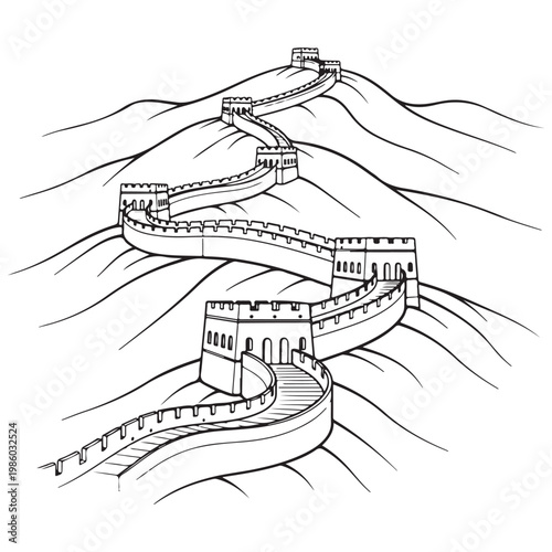 Great Wall of China winding through mountain landscape hand drawn vector illustration sketch