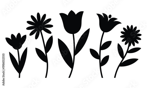 Collection of five various flower silhouettes including tulip daisy bellflower designs