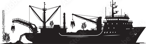 Fishing boat silhouette, black cargo ship, industrial vessel, nautical icon